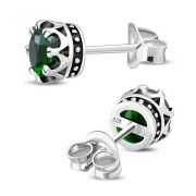 Vintage Royal Crown Celtic Emerald Green CZ Sterling Silver Stud Earrings - e455